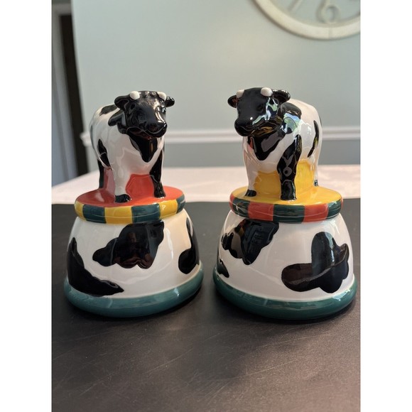 Clay Art Other - Vintage 1993 Clay Art Hand Painted Cow Colorful Large Salt & Pepper Shakers